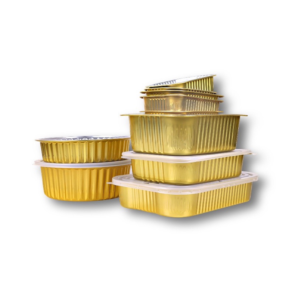 Gold aluminum foil containers with clear plastic lids for bakery packaging
